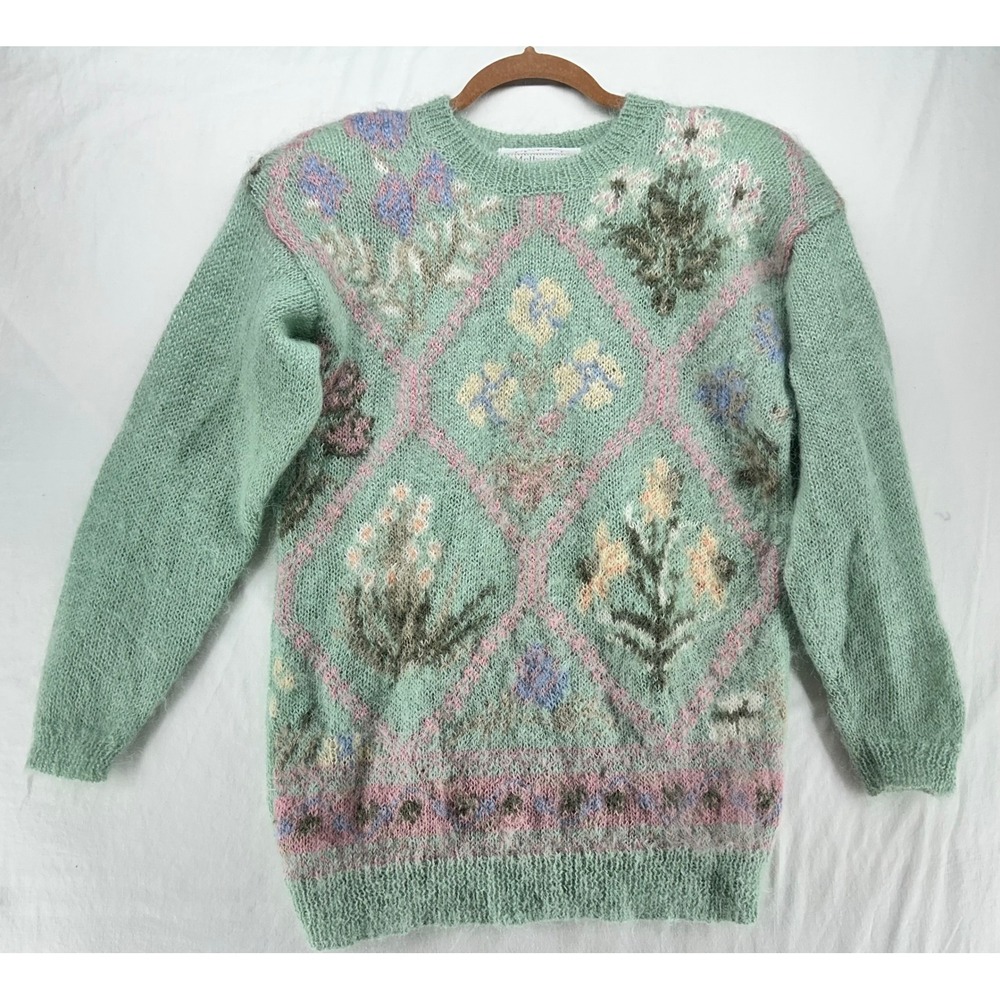 Melbourne Elements Vintage Mohair Wool Floral Sweater Green Pink Diamond Small